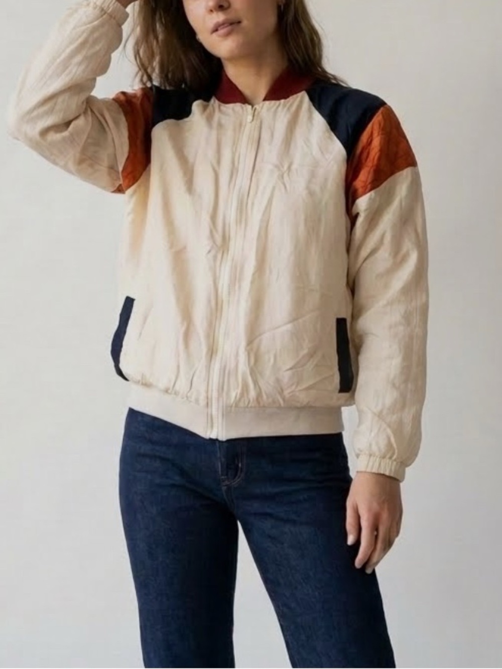 Vintage 80s 90s Marilyn Marks 100% Silk Colorblock Bomber Jacket M/L